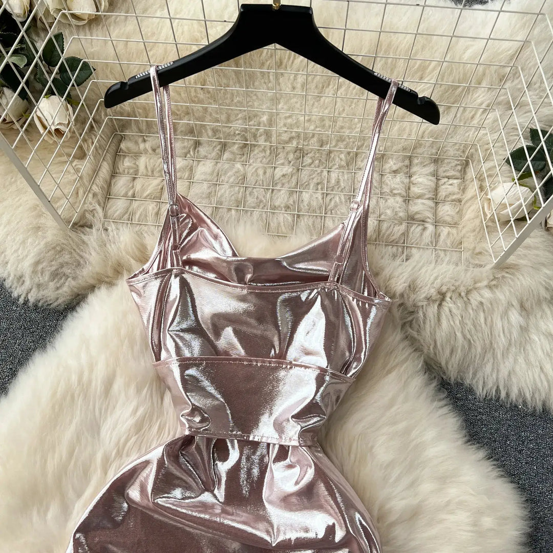 SINGREINY Spaghetti Strap Split Long Dress 2025 Ladies Fake Leather Lace Up Bodycon Sundress Y2K Hotsweet Shiny Slim Party Dress