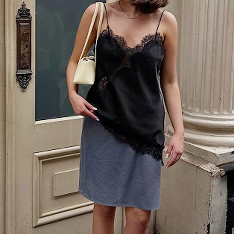 HXAO Exclusive Black Satin Lace Asymmetrical Off