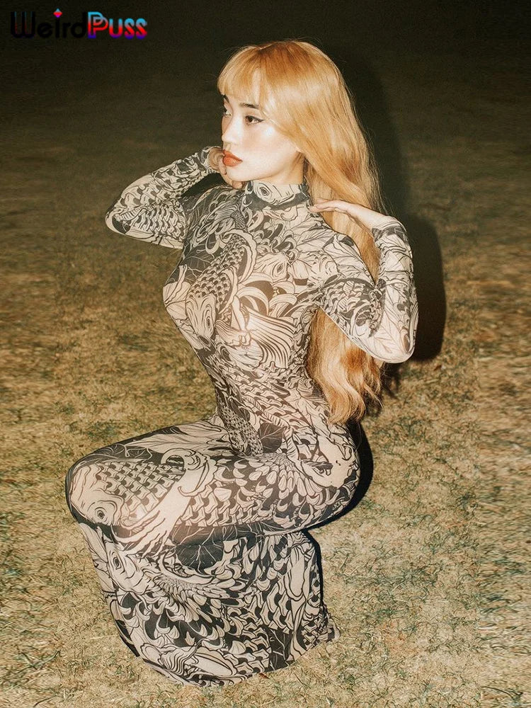 Premium Y2K Weird Puss Mesh Bodycon Maxi Dress
