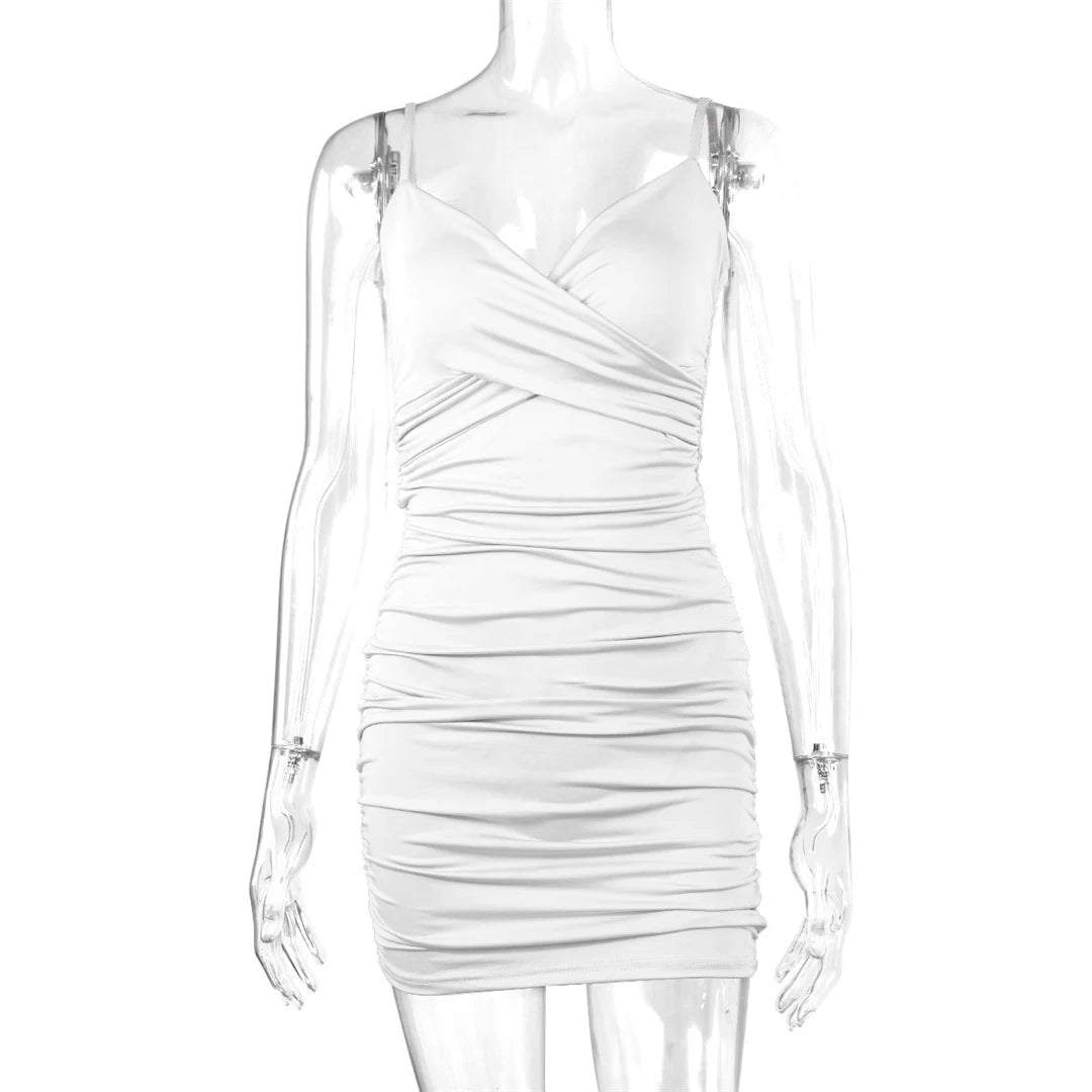 Signature V Neck Pleated Bodycon Mini Dress