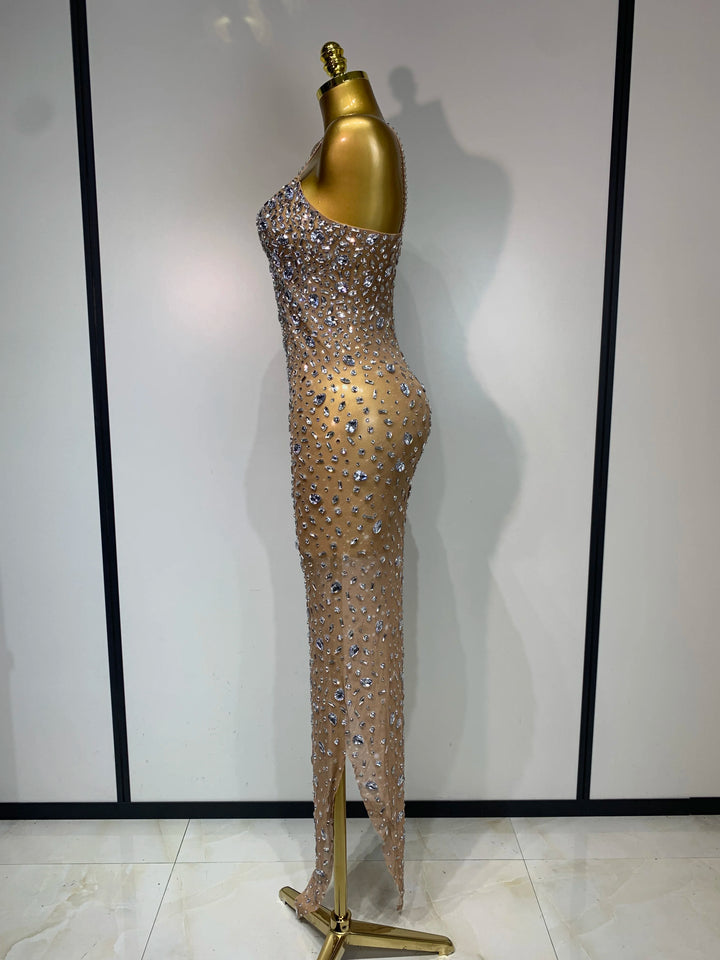 Rhinestone Mesh Bodycon Dress For Women Red Carpet