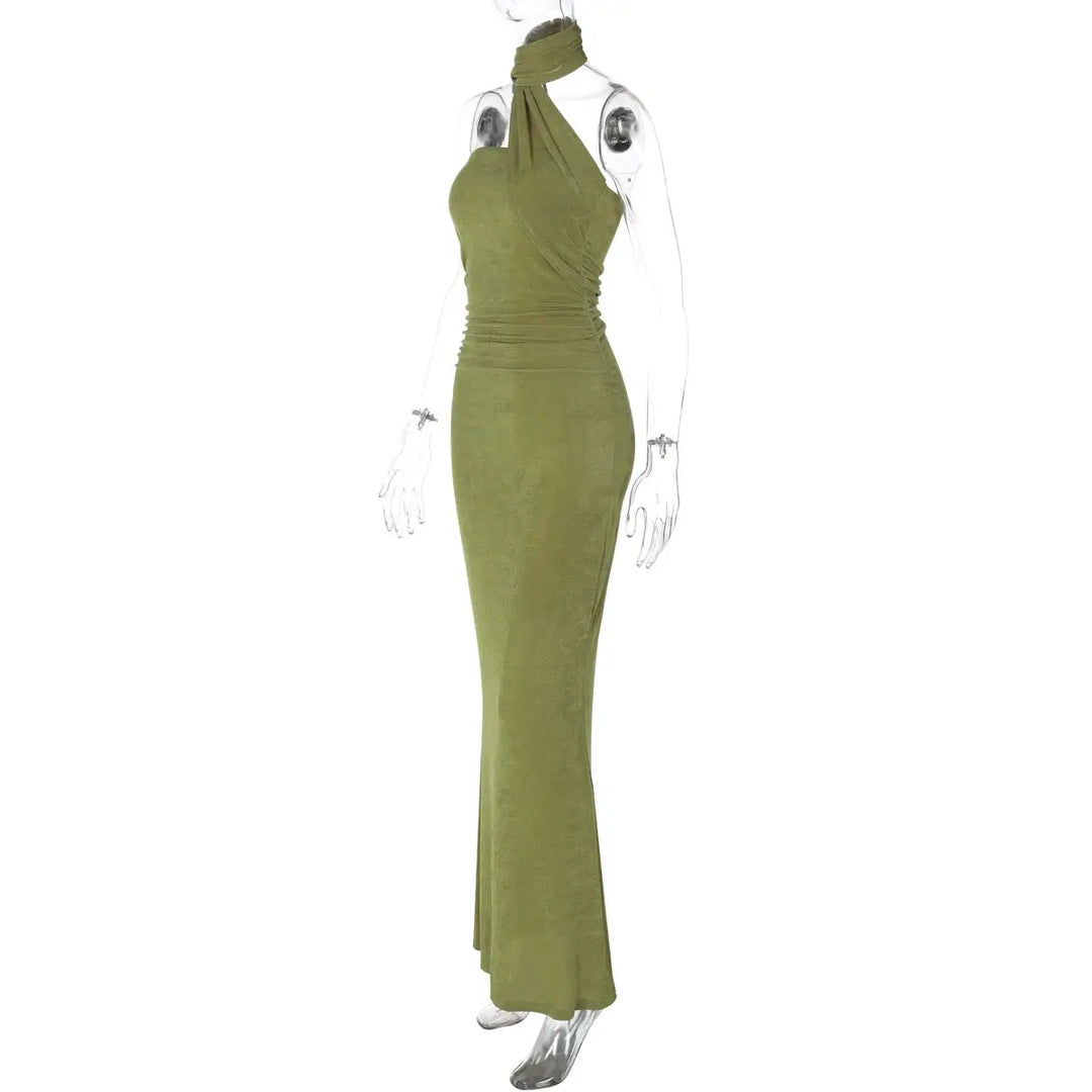 Hugcitar Halter Solid Sleeveless Backless Ruched Sexy Bodycon Maxi Prom Dress Summer Women Elegant Outfit Evening Party Birthday