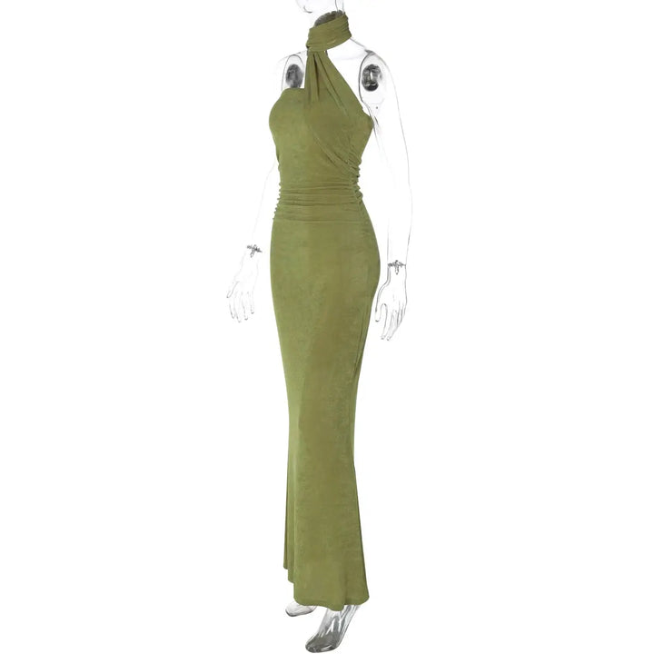 Hugcitar Halter Solid Sleeveless Backless Ruched Sexy Bodycon Maxi Prom Dress Summer Women Elegant Outfit Evening Party Birthday