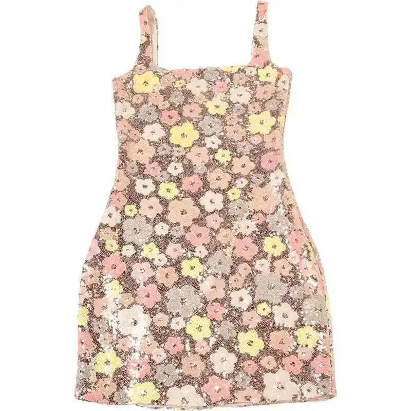 Elegant Floral Sequin Mini Dress With Spaghetti