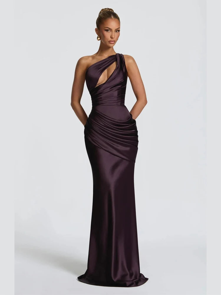Solid Satin Cowl Neck Dress Women Sleeveless Elegant Ruched Waist Fishtail Bodycon Summer Party Elegance