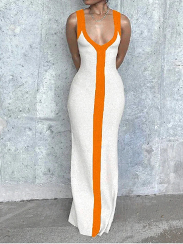 Stunning V-Neck Contrast Long Dress For Party and Club Events