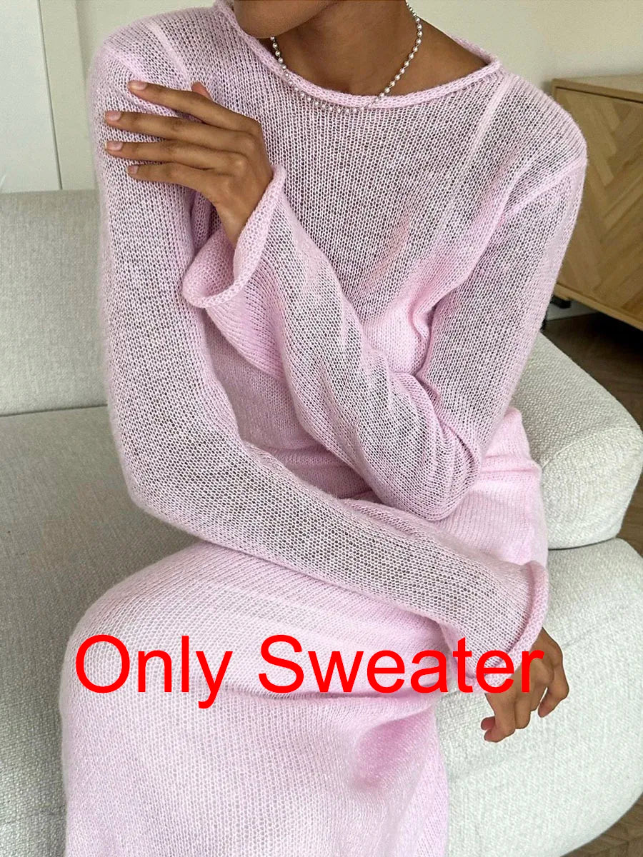 Elegant Elastic Knit Long Dress For Women Soft Chic O-Neck Sweater