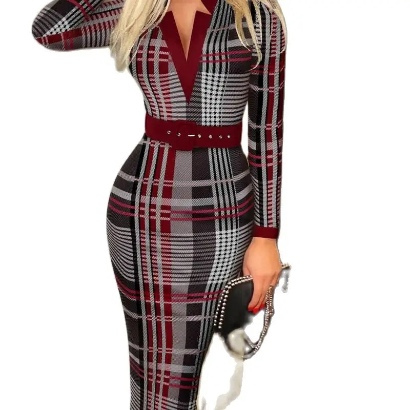 Geometric Pattern V Neck Midi Dress Belt