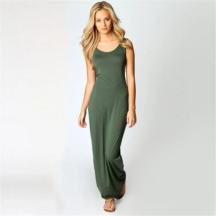 Women Sleeveless Maxi Bodycon Dress Solid Color