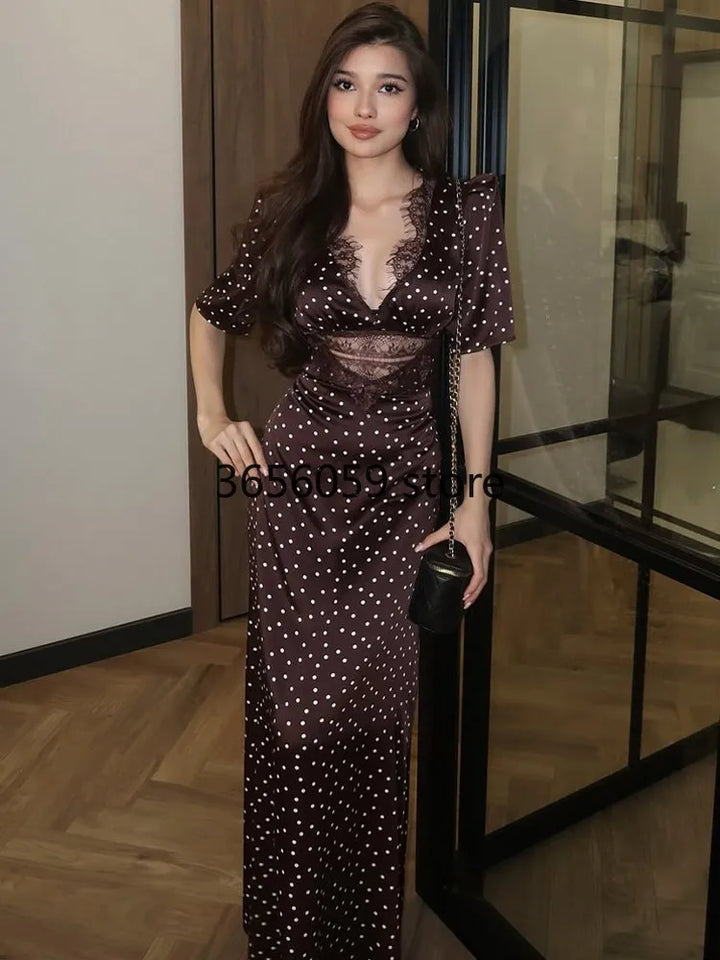 Elegant Brown Polka Dot Maxi Dress For Summer Party