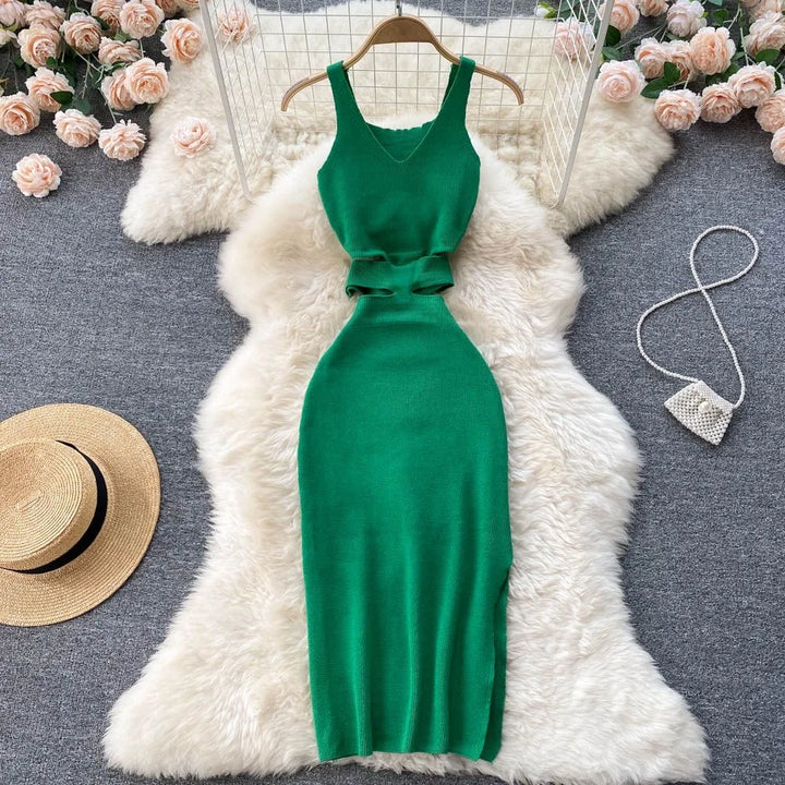 Cozy Knitted Midi Dress With V Neckline