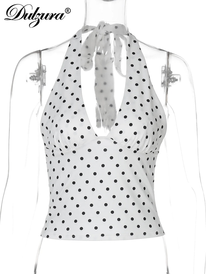 Dulzura Halter Sleeveless Backless Slim Lace Up Polka Dot Print Top Sexy Elegant Casual Y2K Top Party Club Street Summer Clothes
