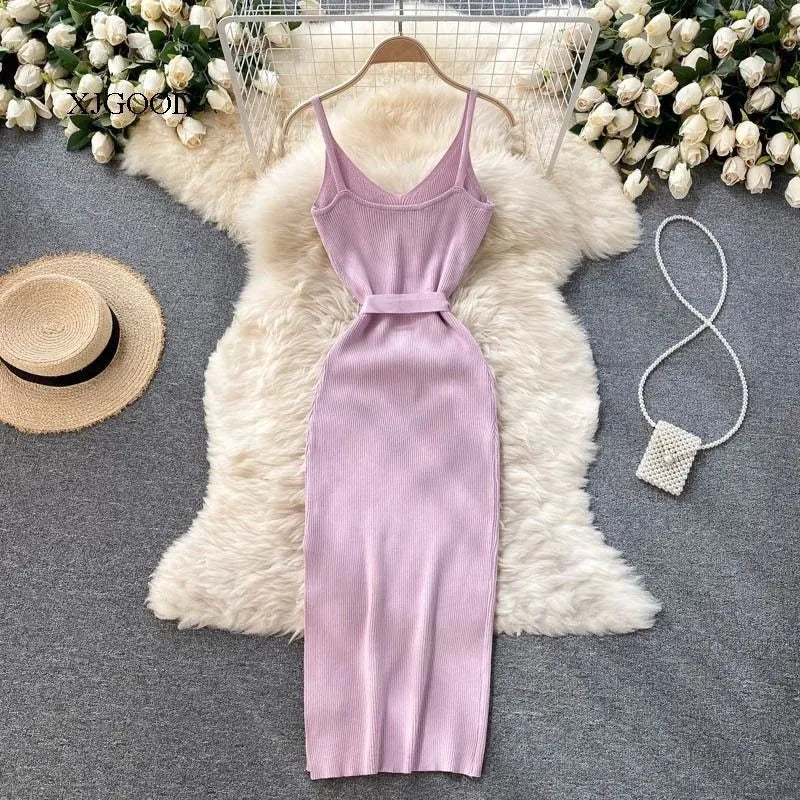 Cozy Knitted Midi Dress With V Neckline