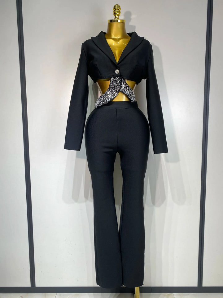 Women Beading Bandage Two Piece Bodycon Pants Set