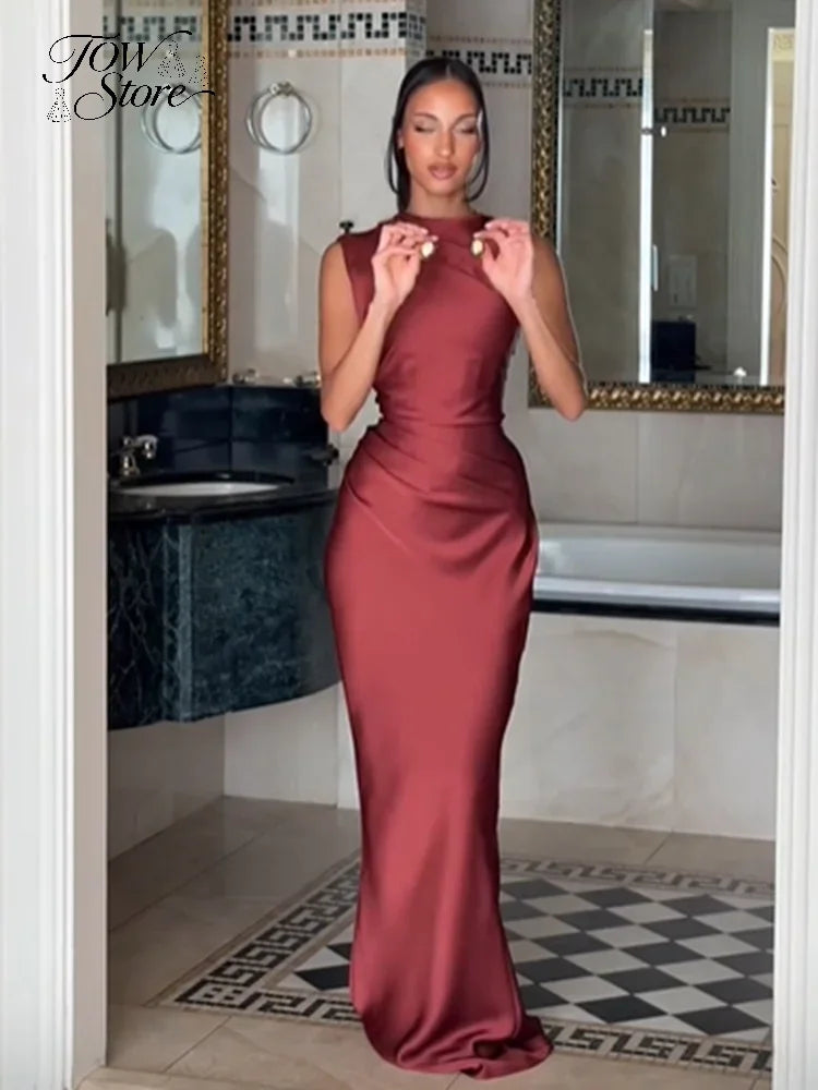Solid Satin Cowl Neck Dress Women Sleeveless Elegant Ruched Waist Fishtail Bodycon Summer Party Elegance