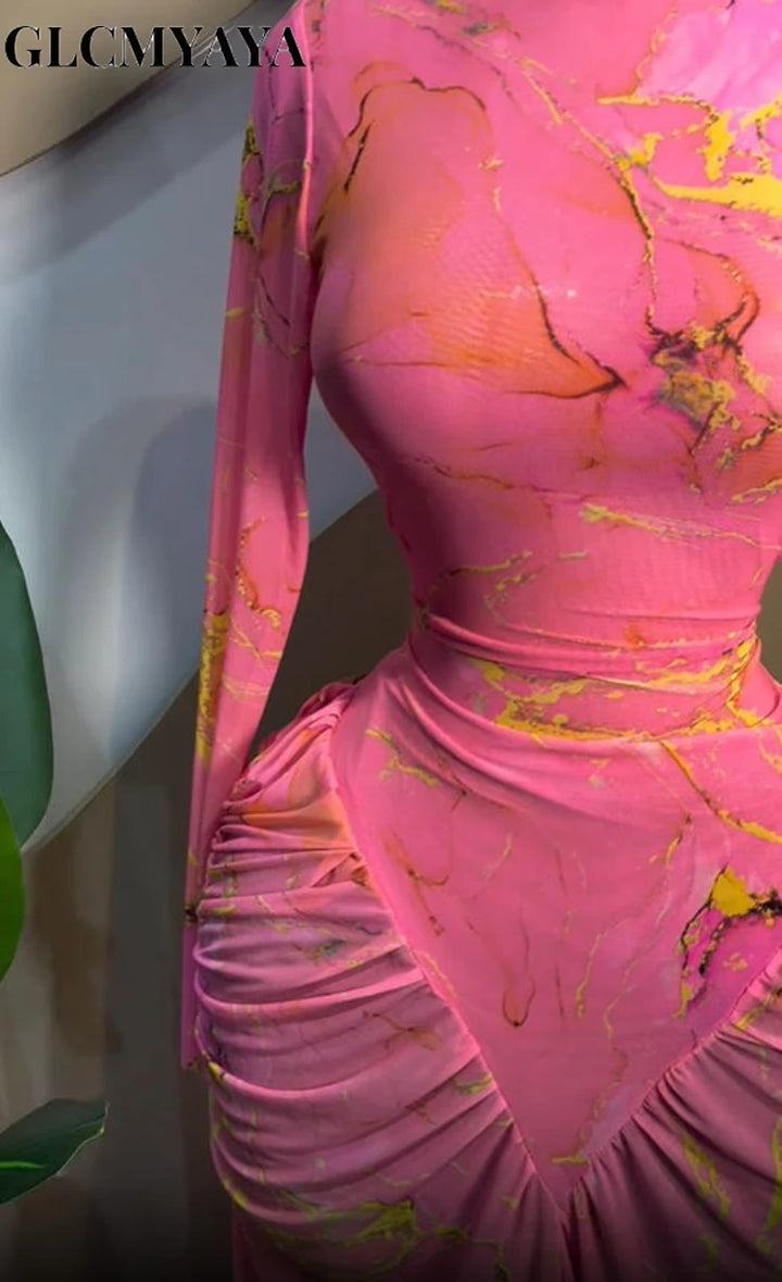 Tie Dye Ruched Long Sleeve Bodycon Maxi Dress