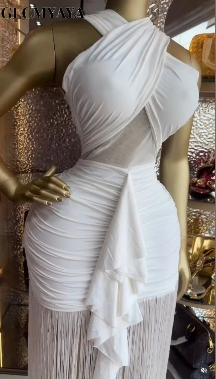 Women Wrap Halter Tassel Patchwork Maxi Dress