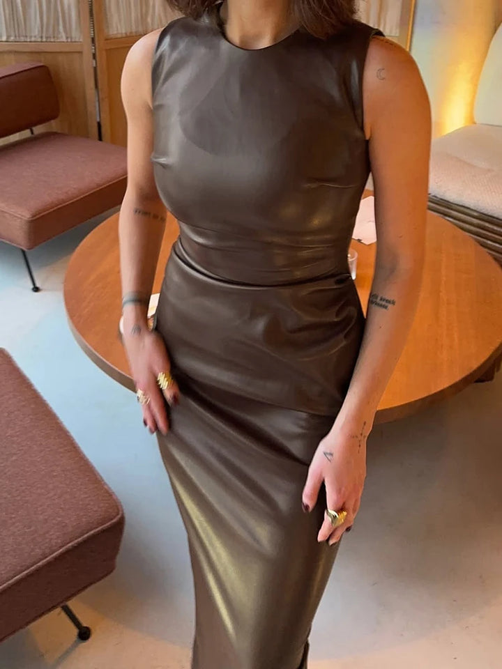 Sleeveless Leather Maxi Dress High Waist Party