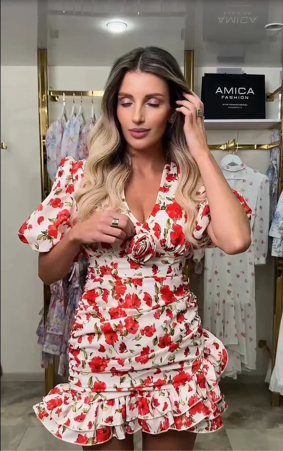 Flattering Printed V Neck Mini Dress Waist Cinch