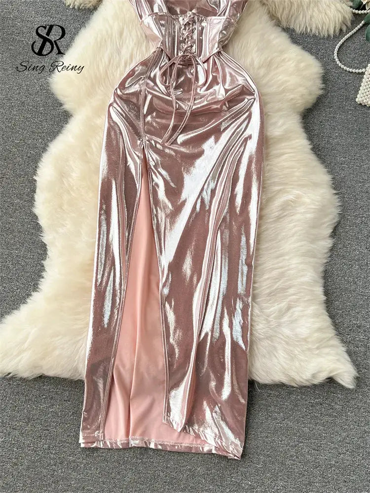 SINGREINY Spaghetti Strap Split Long Dress 2025 Ladies Fake Leather Lace Up Bodycon Sundress Y2K Hotsweet Shiny Slim Party Dress