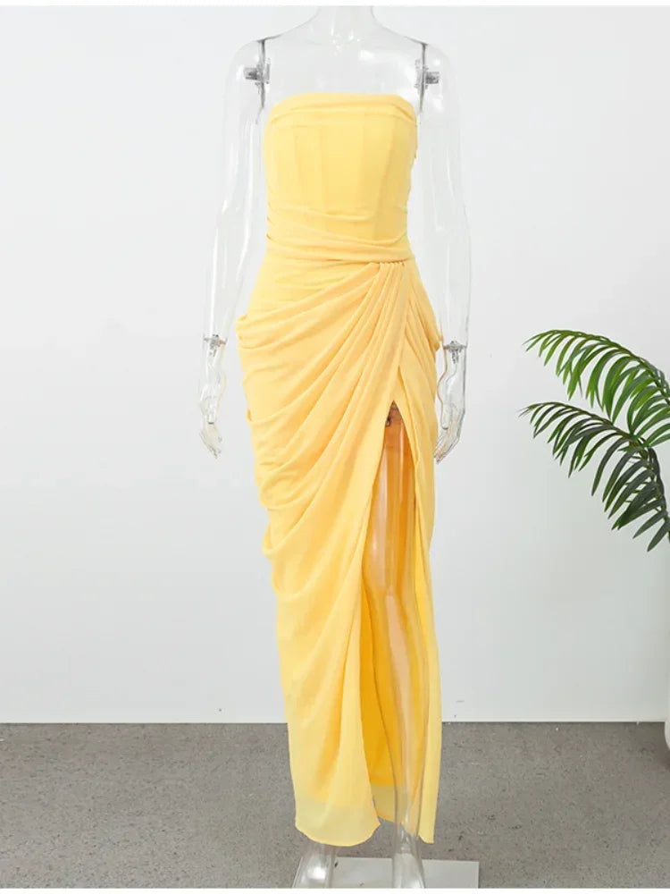 Elegant Yellow Strapless Pleated Dress For Summer Evening Parties