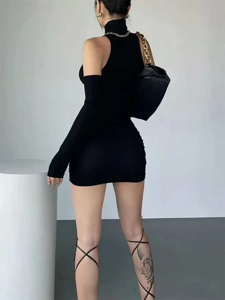 Ruched Bodycon Turtleneck Mini Dress Women Black