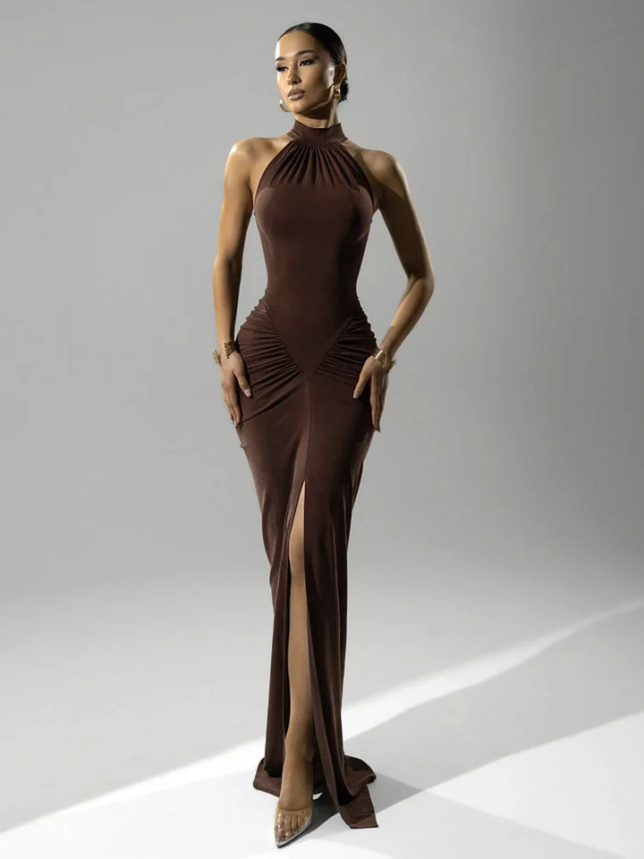 Elegant Ruched Halter Maxi Dress For Sexy Evening Party