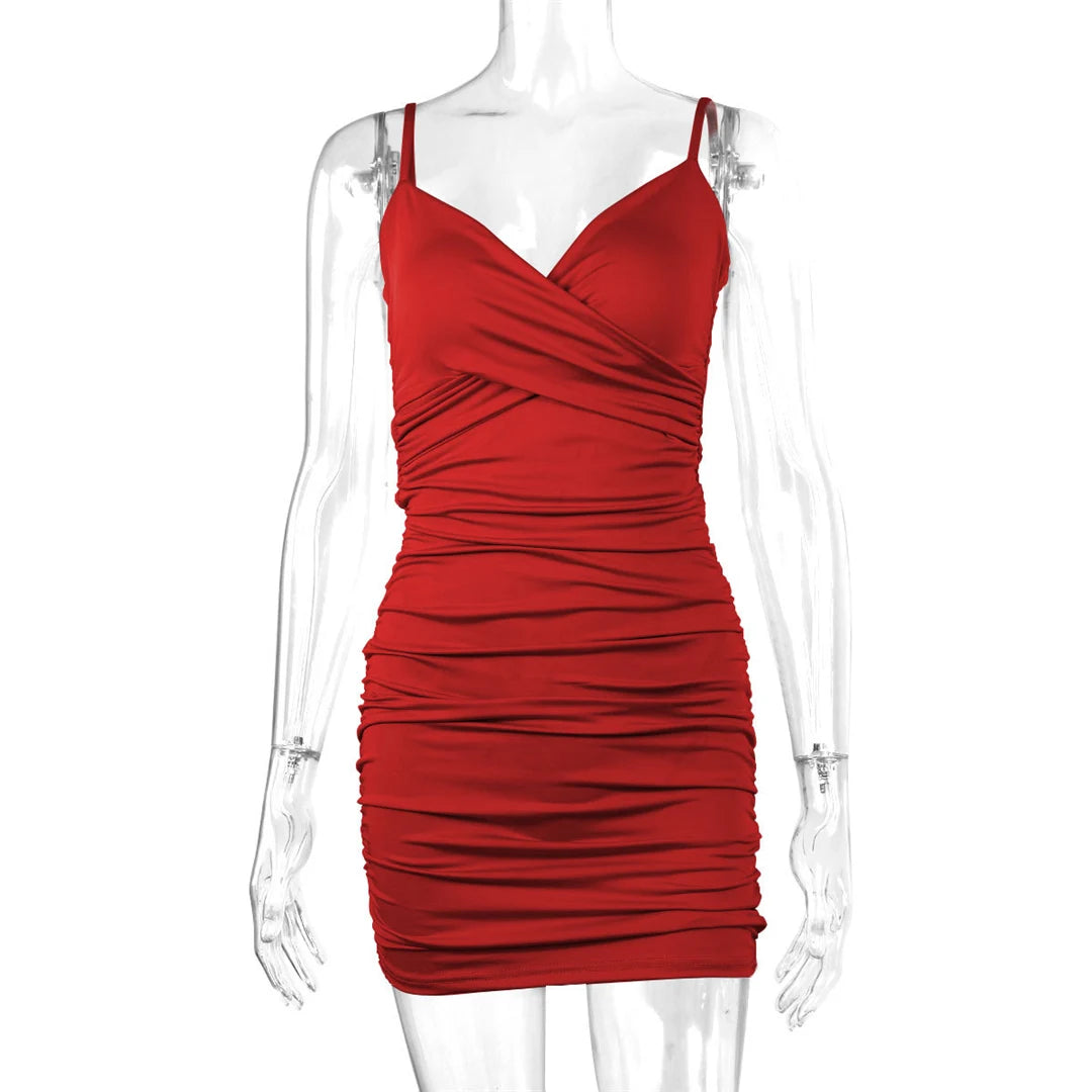 Signature V Neck Pleated Bodycon Mini Dress