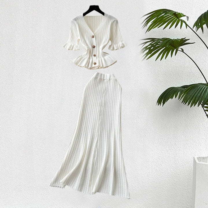 YuooMuoo Knit Maxi Dress V Neck Ruffles Slim Waist