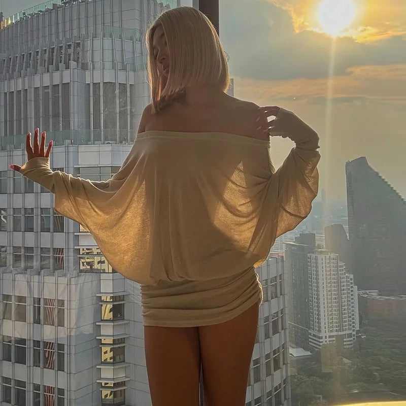 Chic Off Shoulder Sheer Mini Dress For Elegant