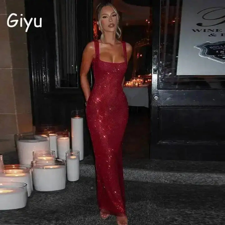 Giyu Sequined Mesh Diamond Backless Maxi Dress