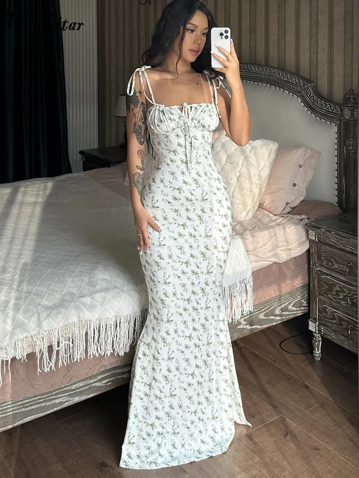 Hugcitar Floral Print Backless Lace Up Maxi Dress