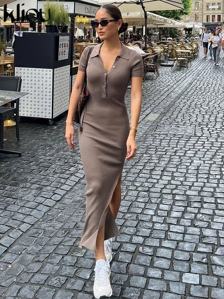 Kliou Elegant Solid Maxi Dress Short Sleeve Body Shaping Office Wear