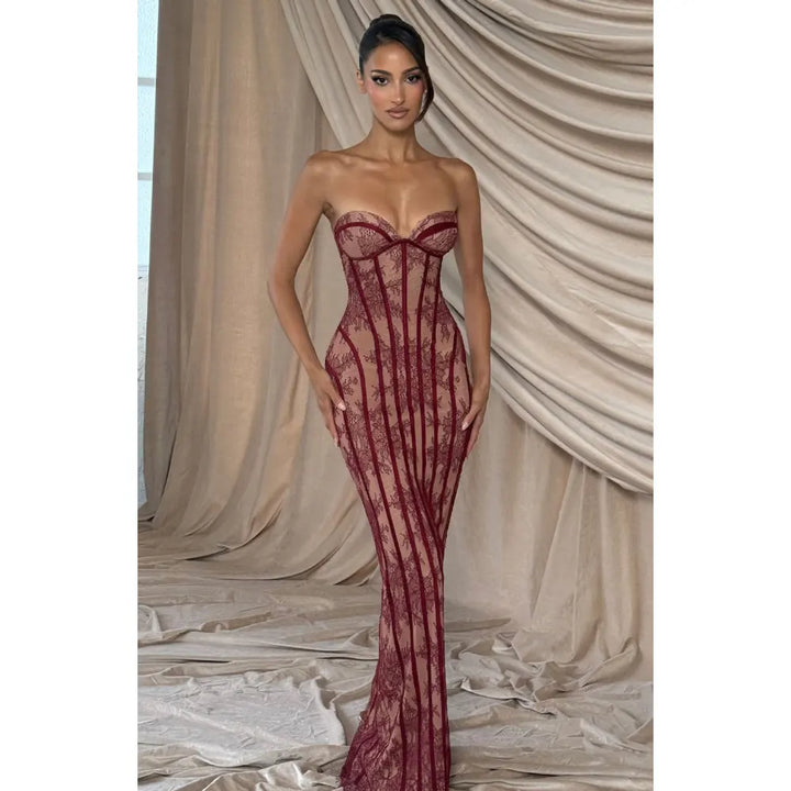 Elegant Lace Strapless Waist Cinching Long Formal Dress