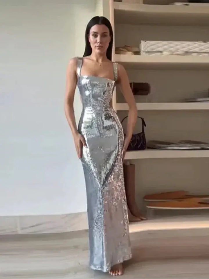 Sparkling Silver Maxi Dress Backless Evening Gown For Events