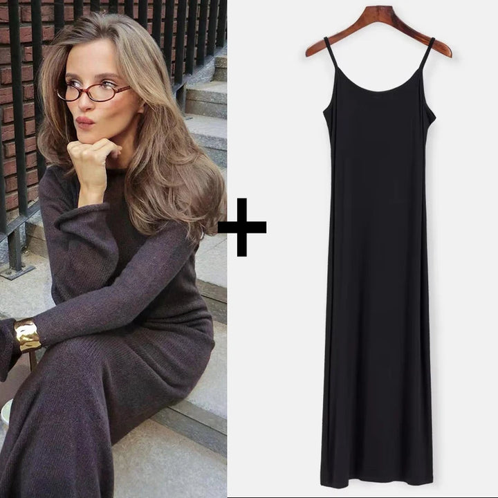 Elegant Elastic Knit Long Dress For Women Soft Chic O-Neck Sweater