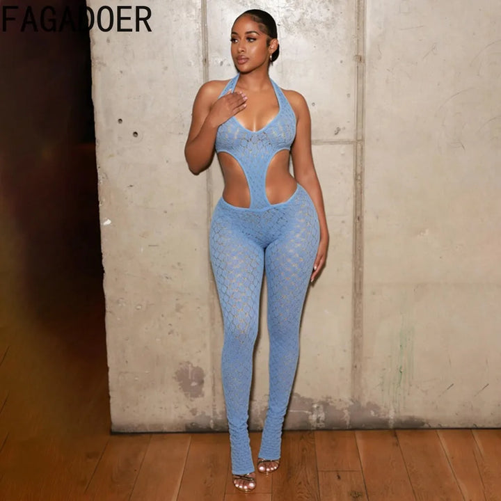Fagadoer Lace Patchwork Bodycon Backless Jumpsuit