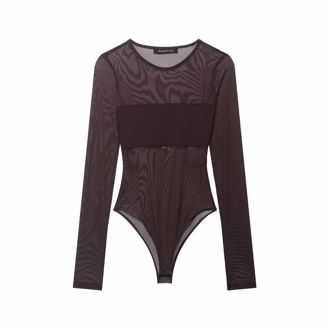 Sexy Mesh Bodysuit Women See Through Neck Jumpsuit
