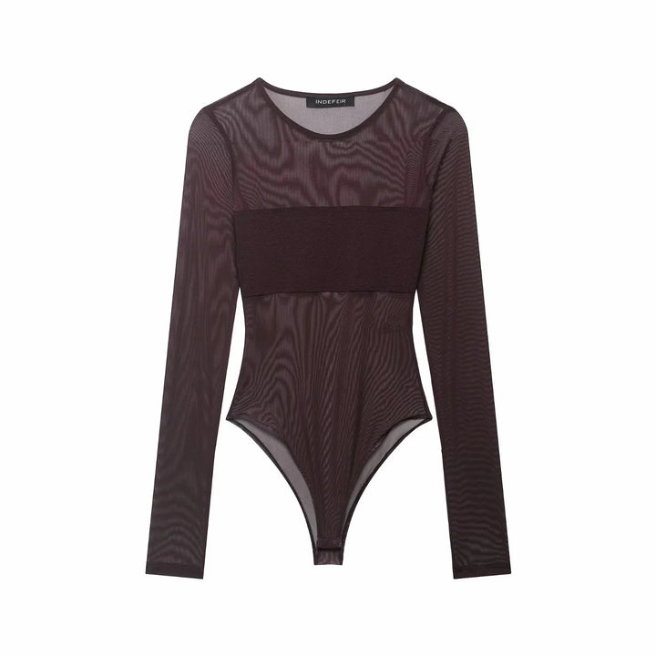 Sexy Mesh Bodysuit Women See Through Neck Jumpsuit