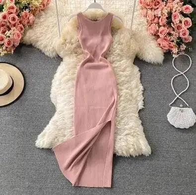 Korean Knitted V Neck Bodycon Dress Chic Hollow Out Style