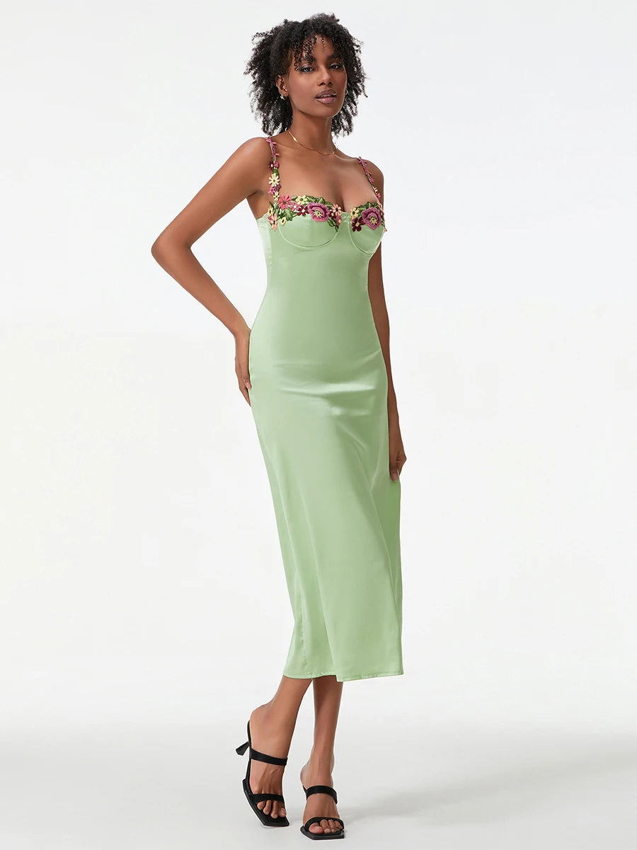 Luxury Satin Flower Embroidery Evening Gown