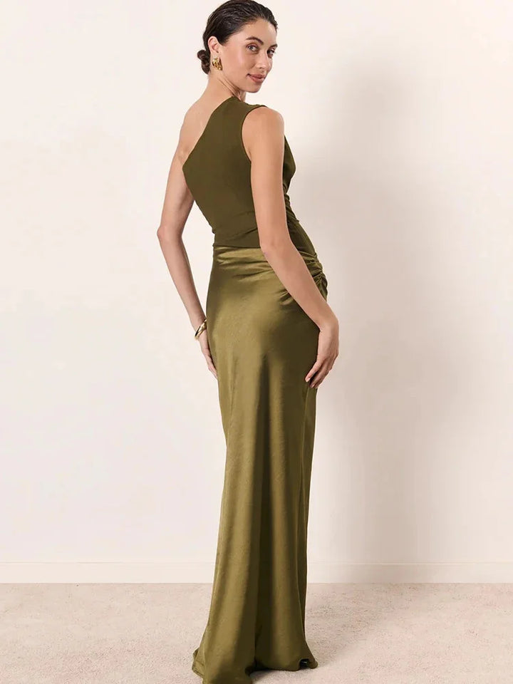 JULISSA MO Brown Satin One Shoulder Maxi Dress