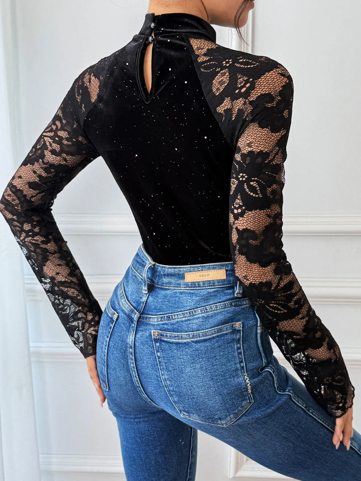Luxury Black Velvet Bodysuit With Glitter Lace For Elegant Style