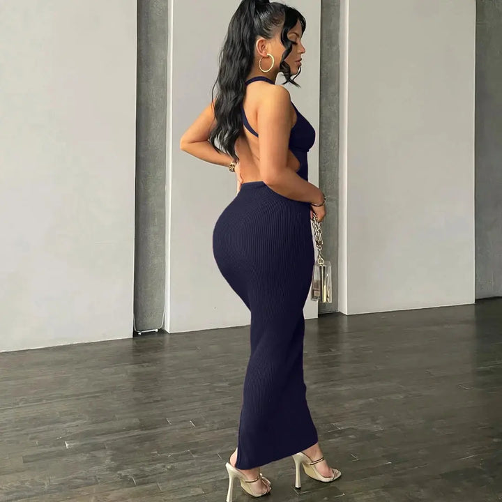 Hugcitar Ribbed Solid Hollow Out Backless Sleeveless Sexy Slit Mini Dress Bodycon 2025 Spring Women Outfits Elegant Party Y2K