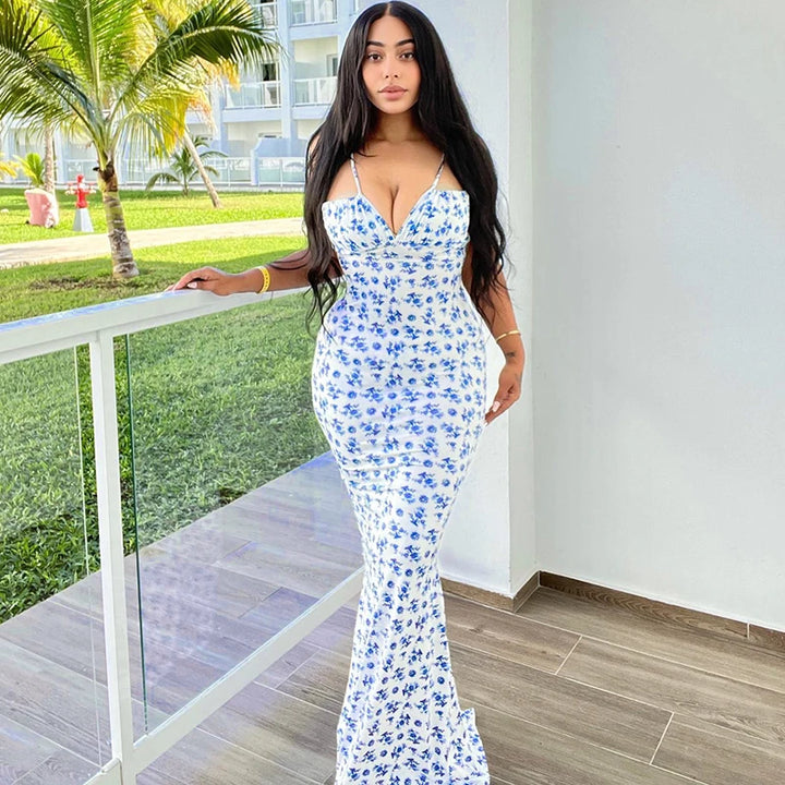 Floral Sleeveless Backless Lace Up Bodycon Maxi