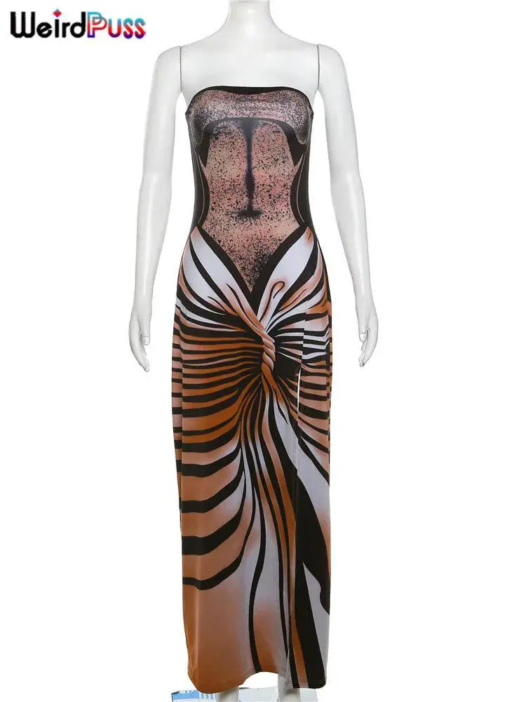 Midnight Peach Striped Bodycon Dress Night Out Glamour