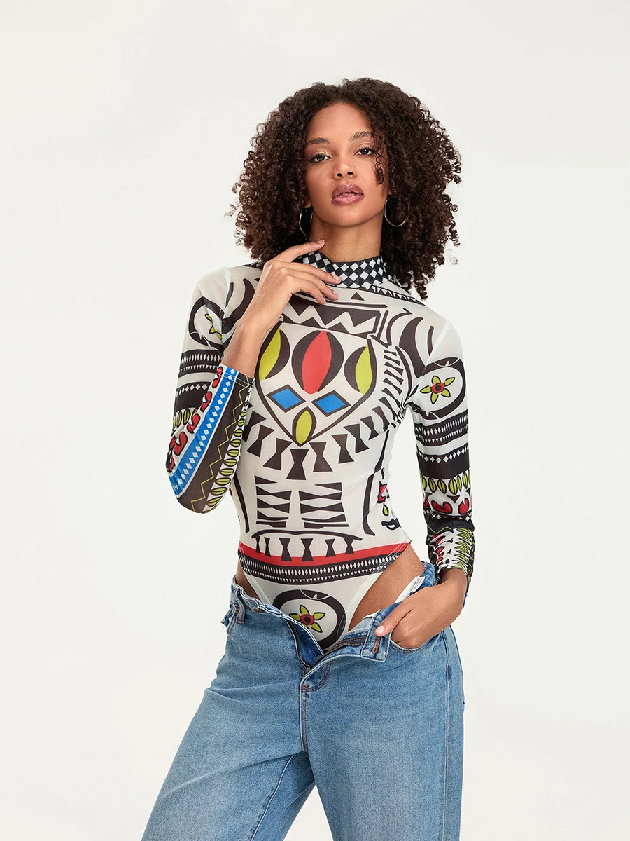 Retro Printed Long Sleeve Mock Neck Bodysuit Top