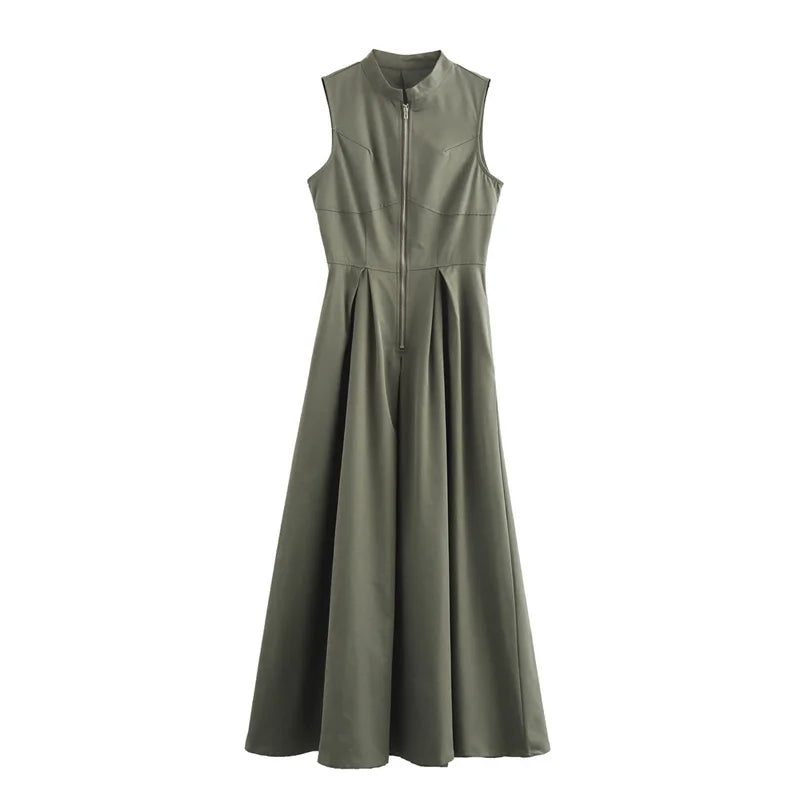 Mujer Zipper Long Pleated Sleeveless Midi Dress