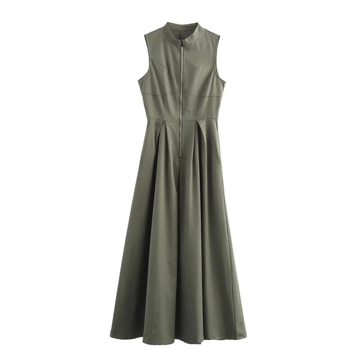 Mujer Zipper Long Pleated Sleeveless Midi Dress