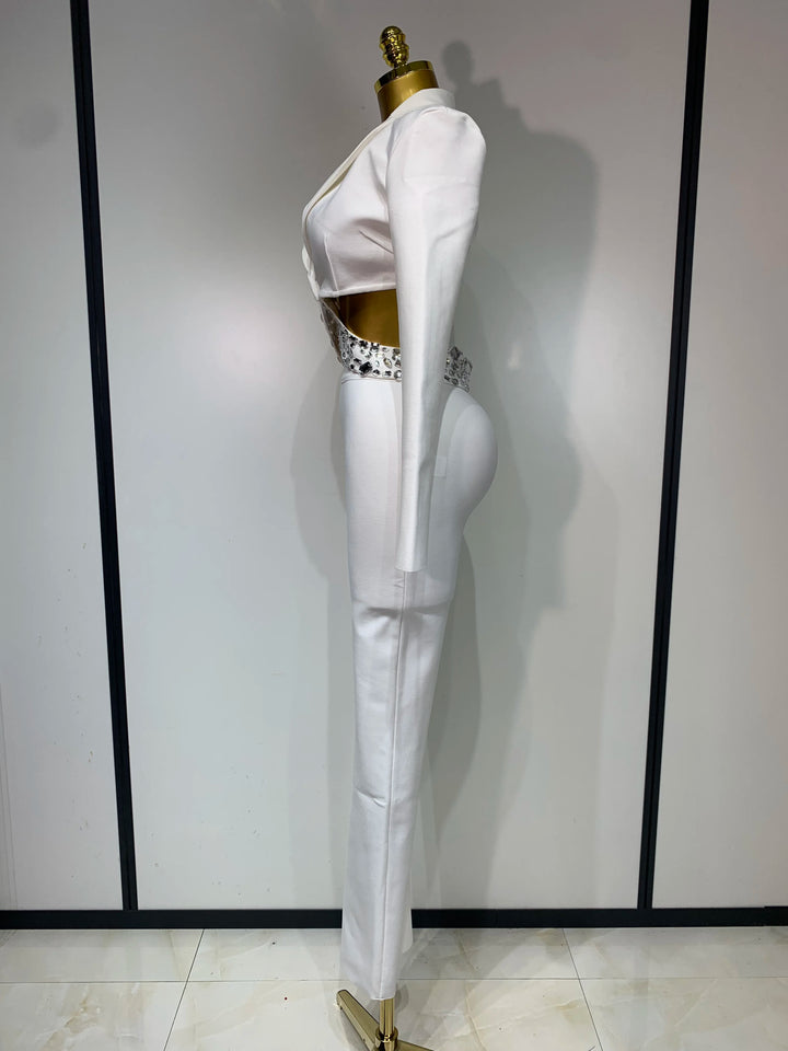 Women Beading Bandage Two Piece Bodycon Pants Set